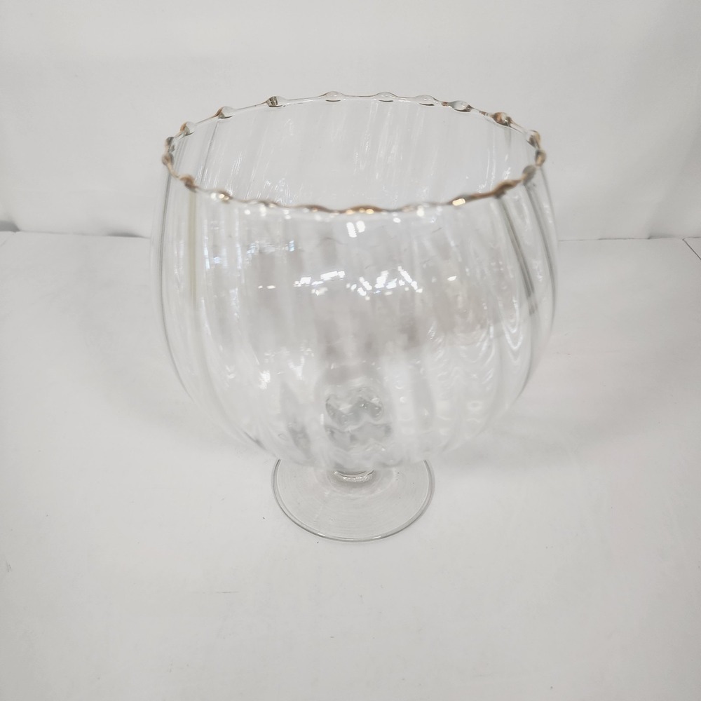 Vintage Clear Glass Footed Compote Bowl Gold Trim‎ Scalloped Rim 6"